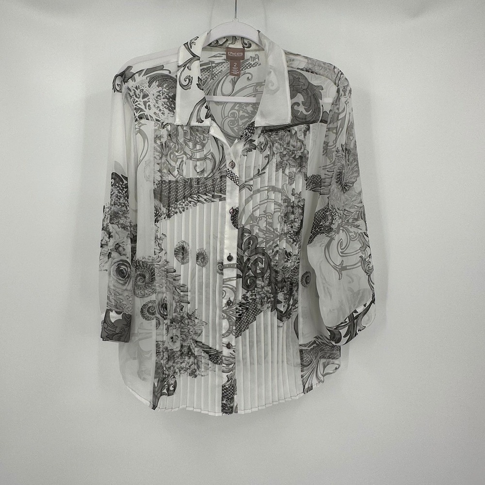 Chicos Womens Art To Wear Toile Print Pleated Top Size 2 US L Parisian Floral